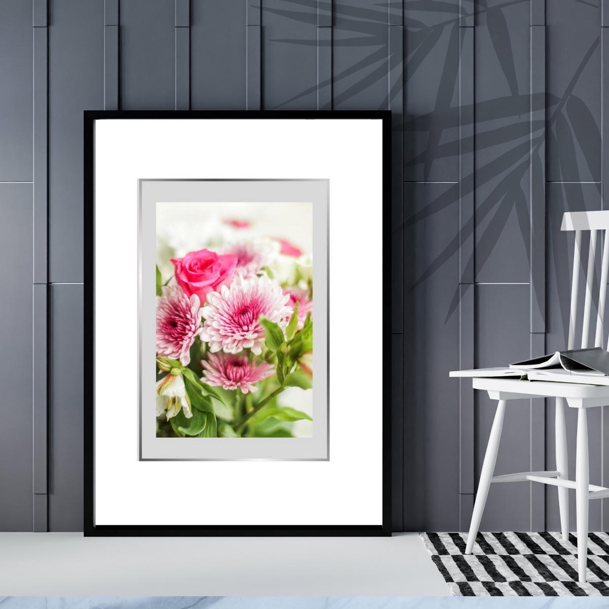 Pink Floral Wall Art Set | 3 Elegant Prints with Silver Border & Grey Center – Digital Download