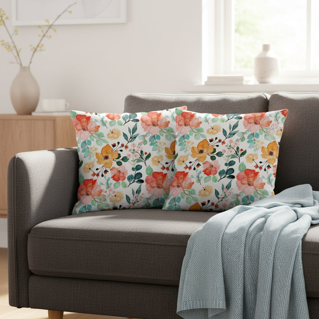 Floral Throw Pillow – 18x18” Pink, Green & Orange Flowers on White Background