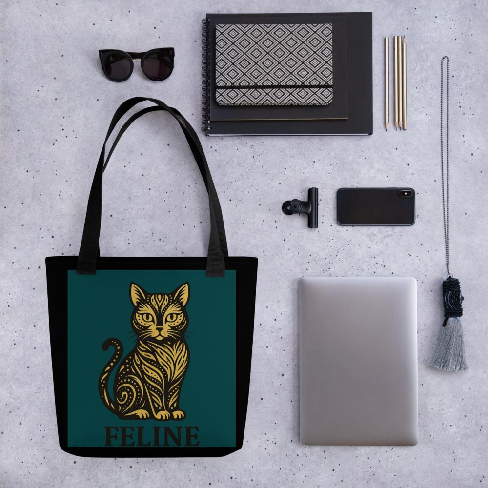 Cat Lover Tote Bag – 15x15 Green and Black Reusable Shoulder Bag for Pet Owners
