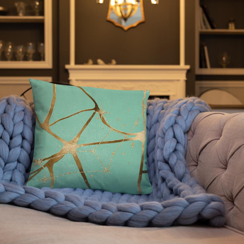 Green Throw Pillow with Gold Patterns – 18x18” | Elegant Luxe Accent Cushion