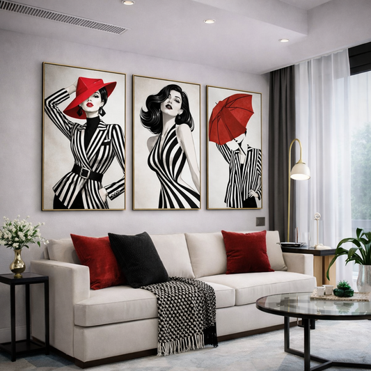 Black and White Fashion Wall Art Set – Red Hat & Umbrella Glam Printable – Modern Feminine Digital Download (11x14, 16x20, 18x24, 24x36)