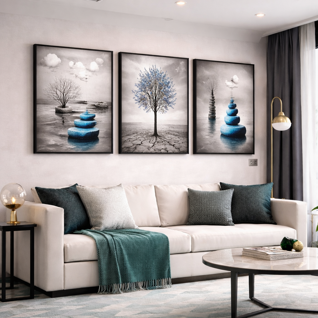 – Minimalist Nature Wall Art Set of 3 | Blue Tree & Stacked Stones Printable