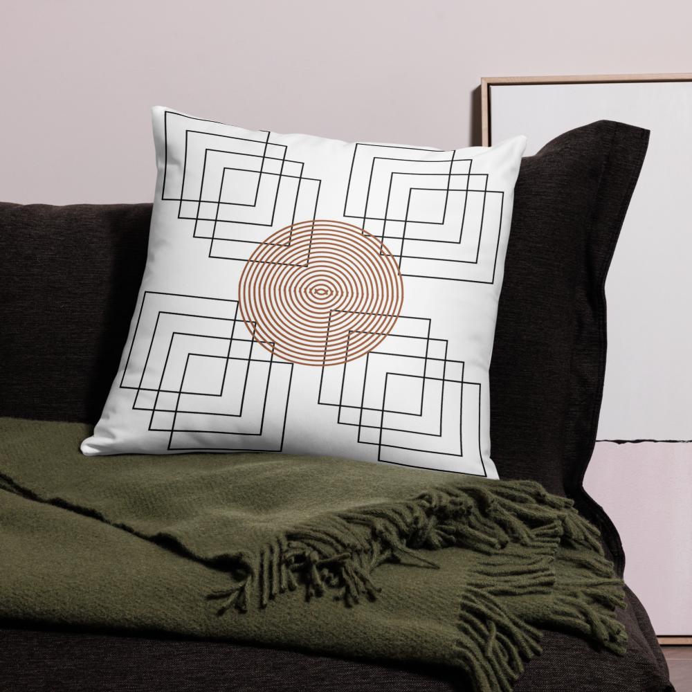 White Throw Pillow with Black Geometric Square Patterns & Brown Round Boho Design – 22x22”