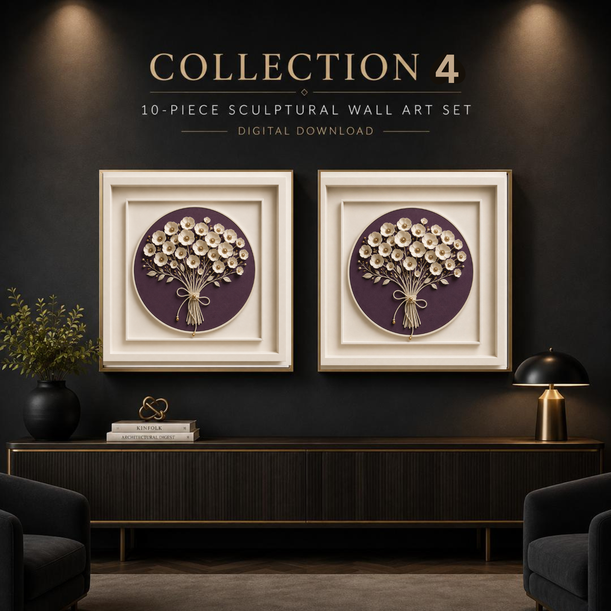 Luxury Floral Wall Art Print Set | Bold Botanical Digital Download | Elegant Plum, Burgundy & Midnight Blue Artwork for Homes, Hotels, Restaurants, Offices & Airbnb Spaces