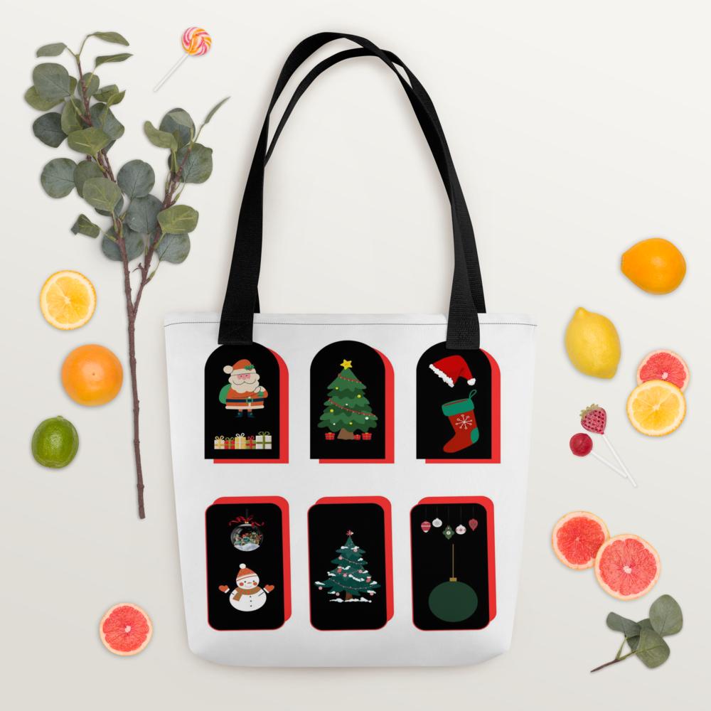 Christmas Tote Bag – 15×15″ White Background with Elegant Festive Design