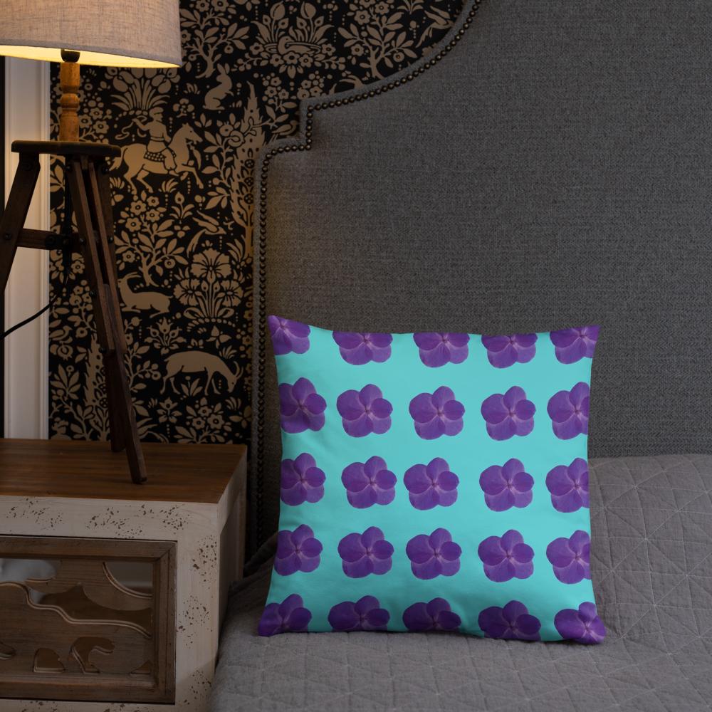 Mint Green Throw Pillow with Purple Flower Pattern – 18x18” | Soft Botanical Accent