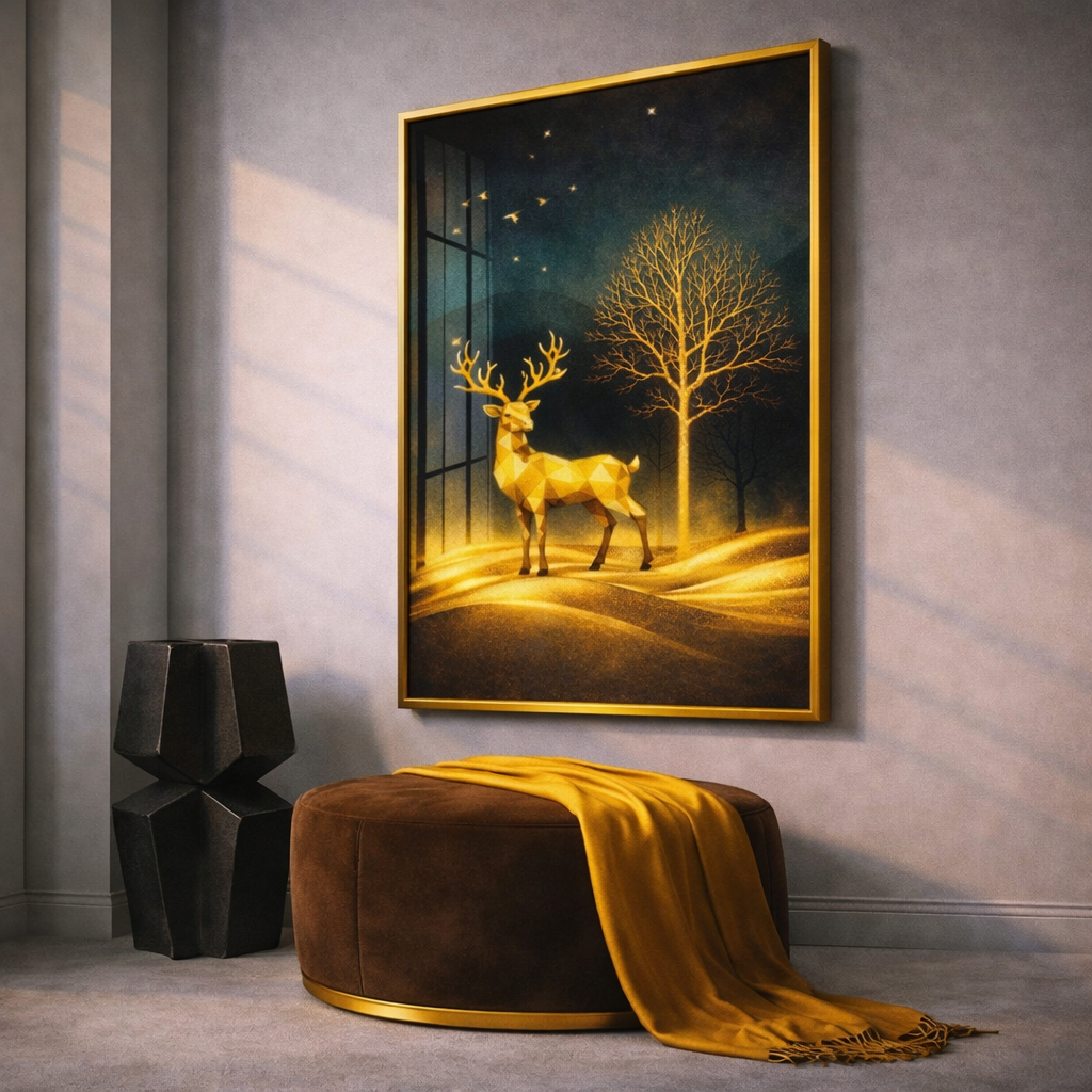 Gold Deer Wall Art Set – Luxury Moonlit Forest Printable Decor – Modern Wildlife Digital Download (11x14, 16x20, 18x24, 24x36)