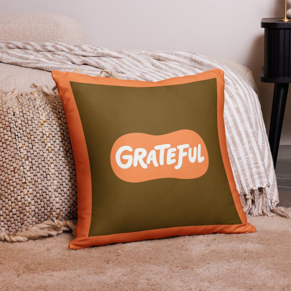 Grateful Thanksgiving Pillow – 18x18 Orange & Brown Throw Cushion