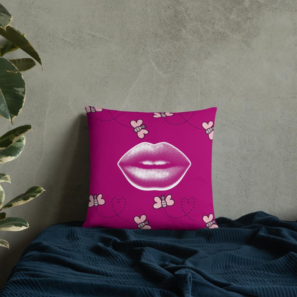 Pink Throw Pillow with Lips & Hearts – 18x18” | Fun & Flirty Pop Art Accent