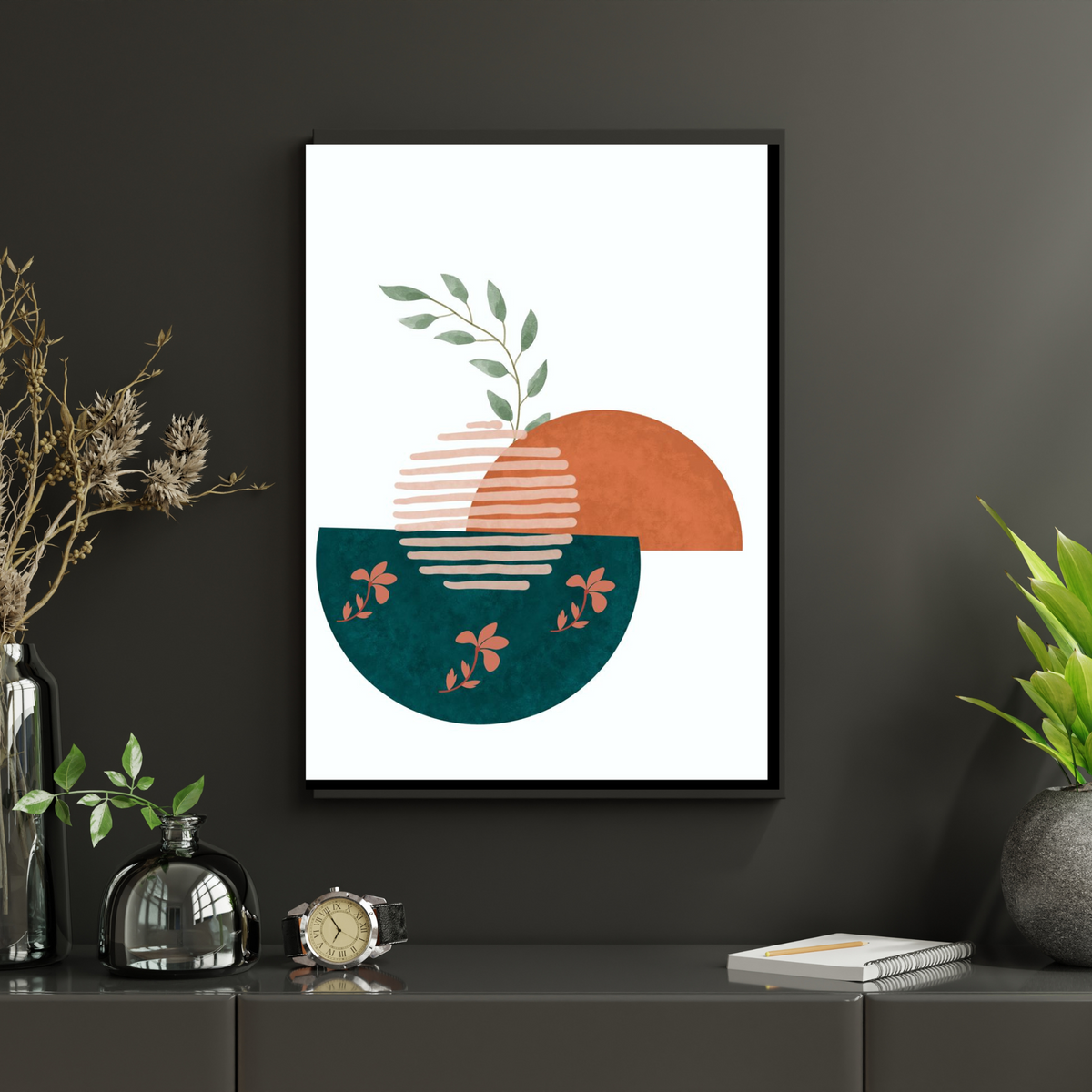 Boho Calabash Wall Art Set – 3 Printable Green & Brown Abstract Prints on White Background