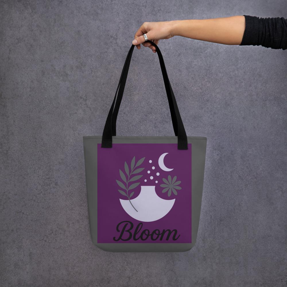 Purple & Grey “BLOOM” Boho Tote Bag – 15”x15” Botanical Style Carryall