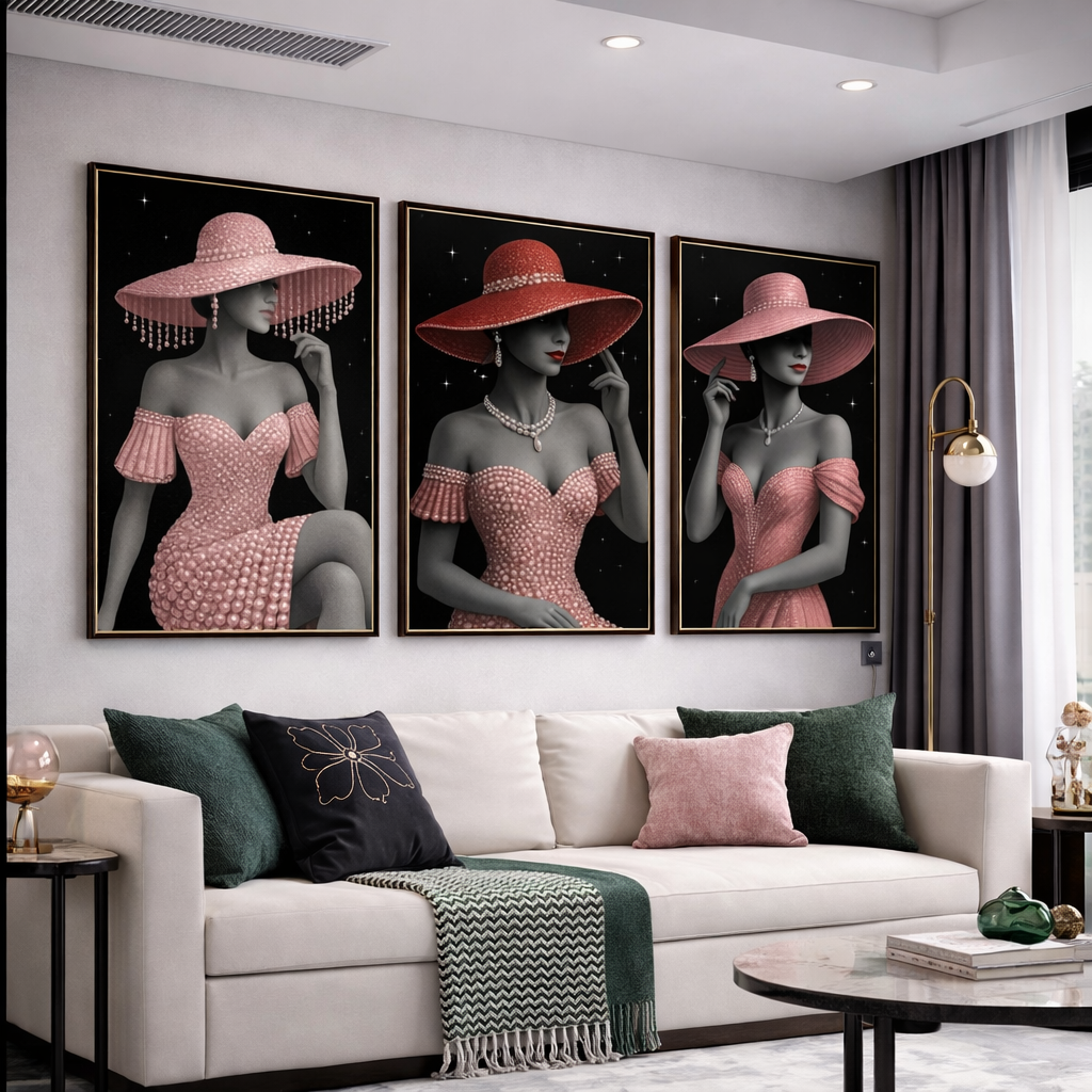 Elegant Pink Fashion Wall Art Set of 3 – Luxury Feminine Portrait Prints, Vintage Glam Decor, Digital Download
