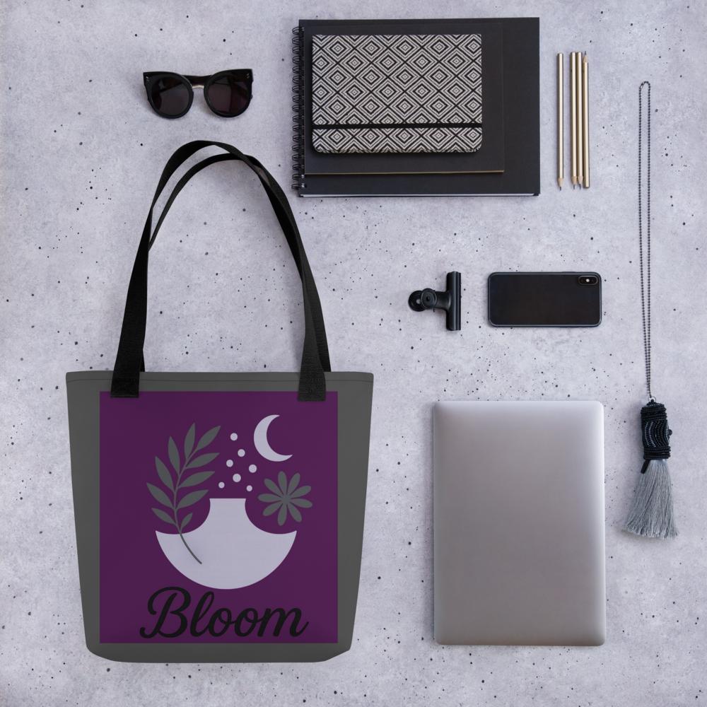 Purple & Grey “BLOOM” Boho Tote Bag – 15”x15” Botanical Style Carryall