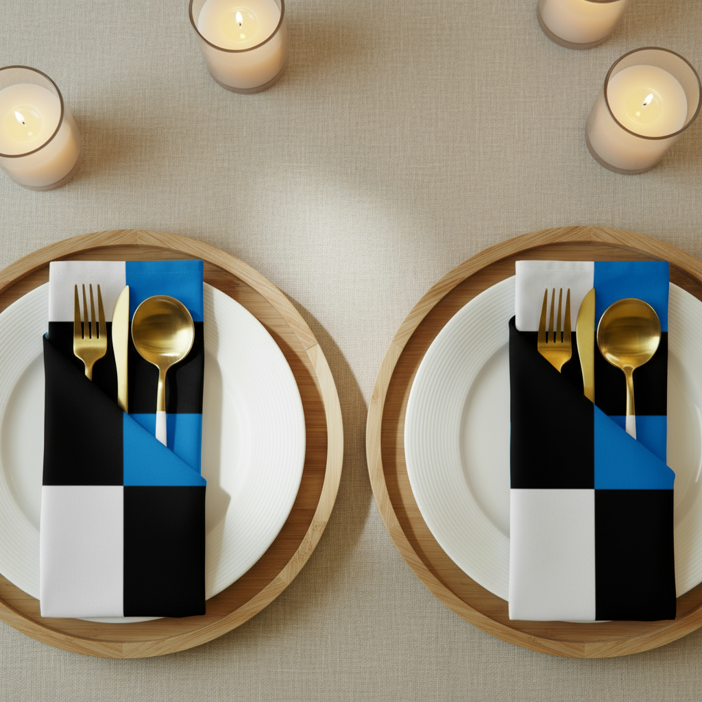 Black, White & Blue Abstract Cloth Napkin Set – 4 Reusable 20x20” Fabric Napkins for Modern Table Décor