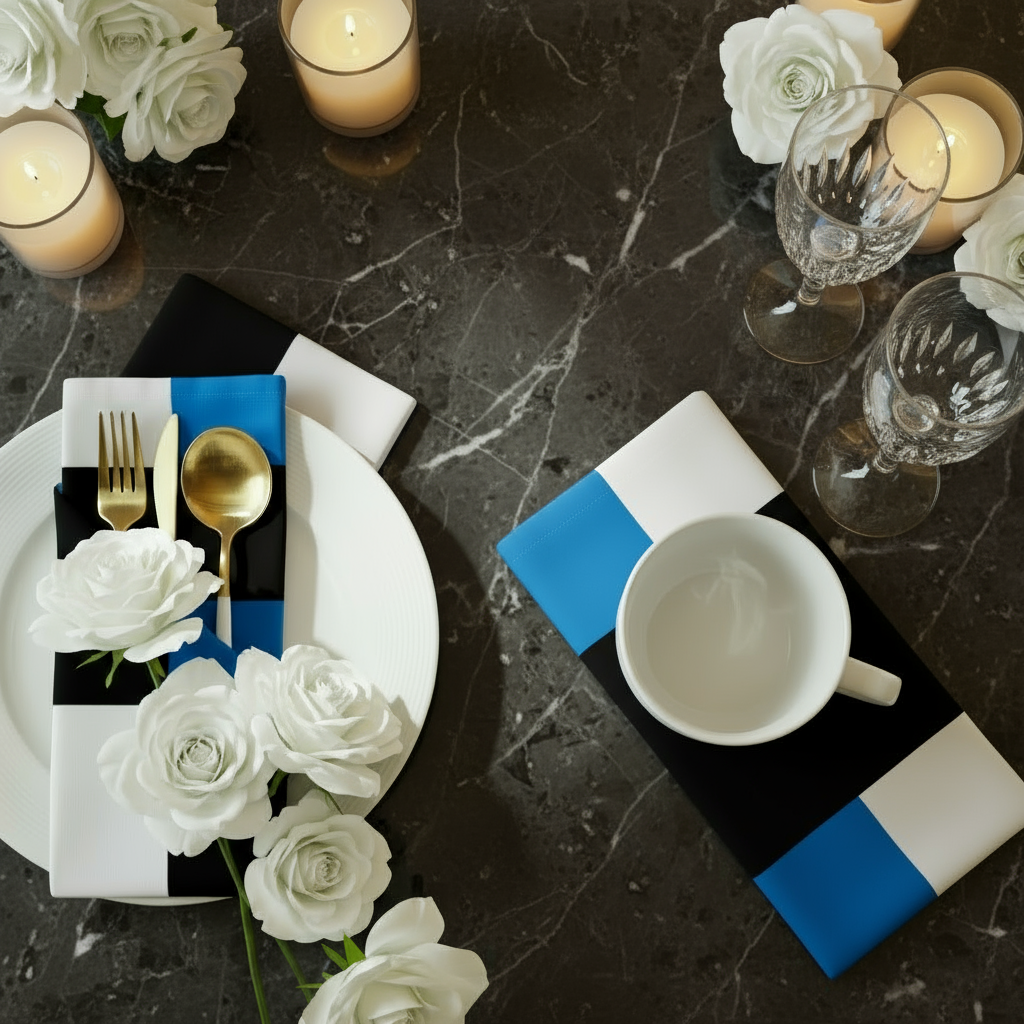 Black, White & Blue Abstract Cloth Napkin Set – 4 Reusable 20x20” Fabric Napkins for Modern Table Décor