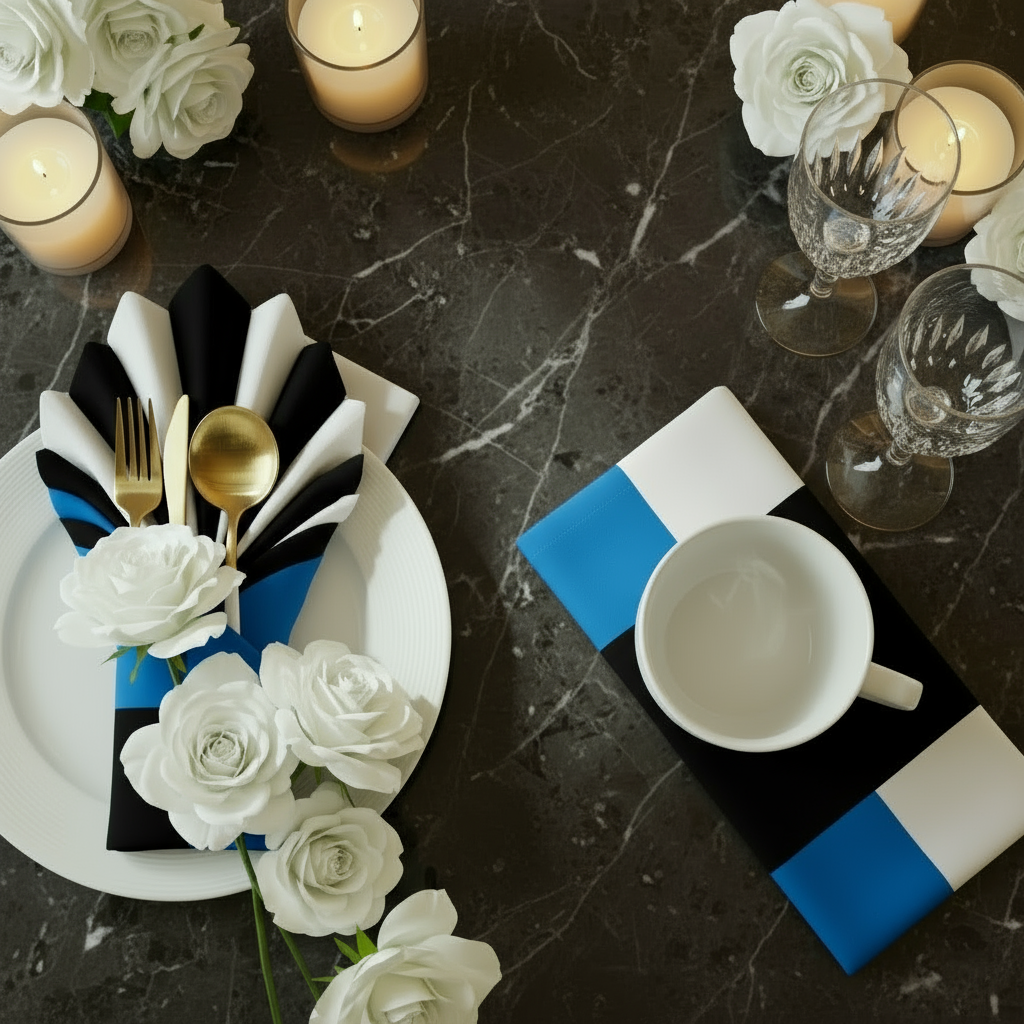 Black, White & Blue Abstract Cloth Napkin Set – 4 Reusable 20x20” Fabric Napkins for Modern Table Décor