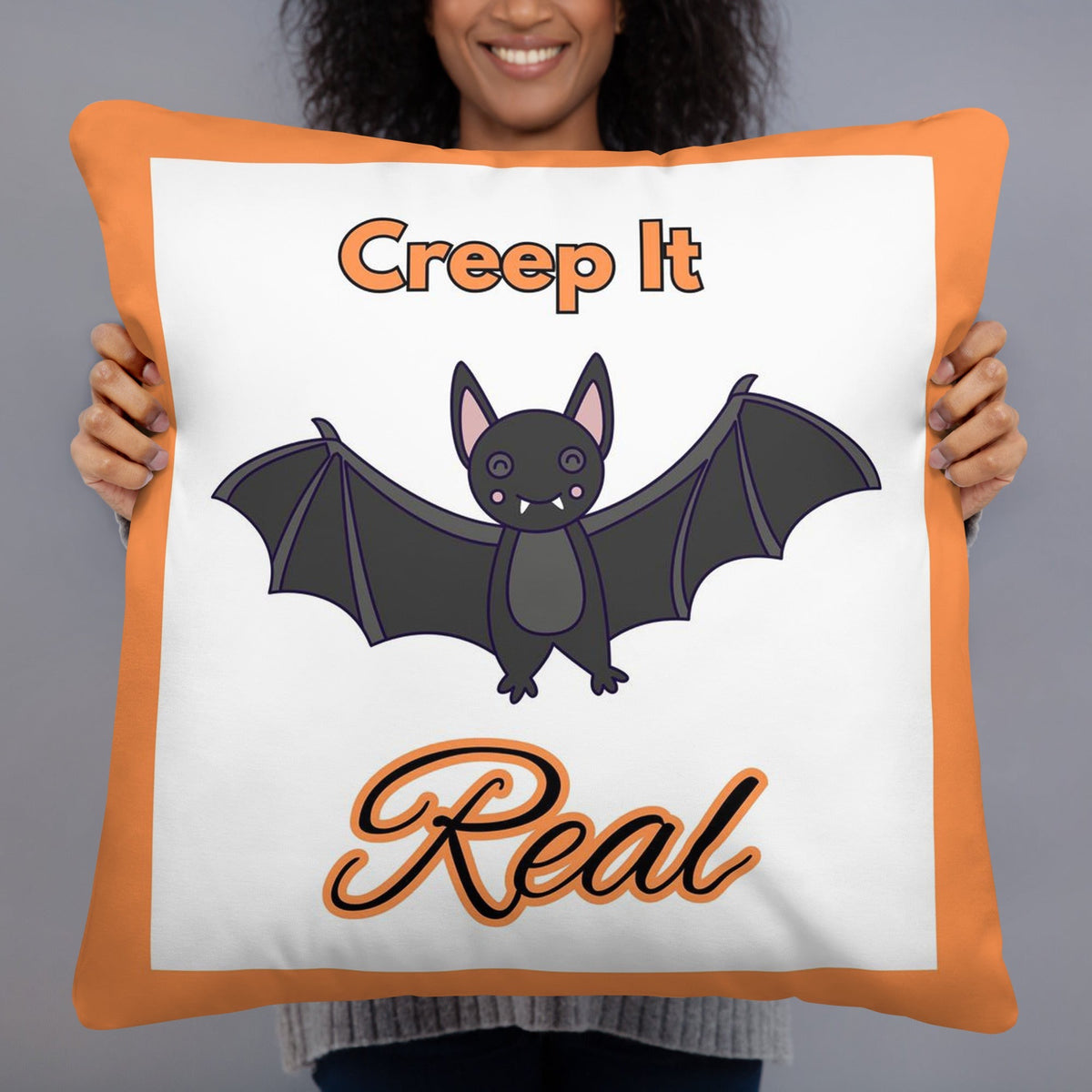 Keep Creep It Real Halloween Pillow – 22x22” White & Orange Cushion with Black Bat