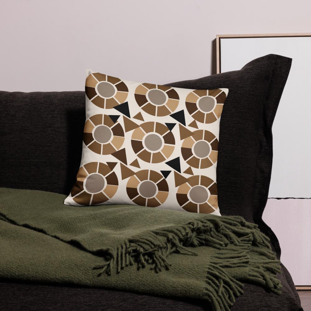 Modern Geometric Throw Pillow – 18x18” Brown, Beige & Black Accent on Light Tan Background