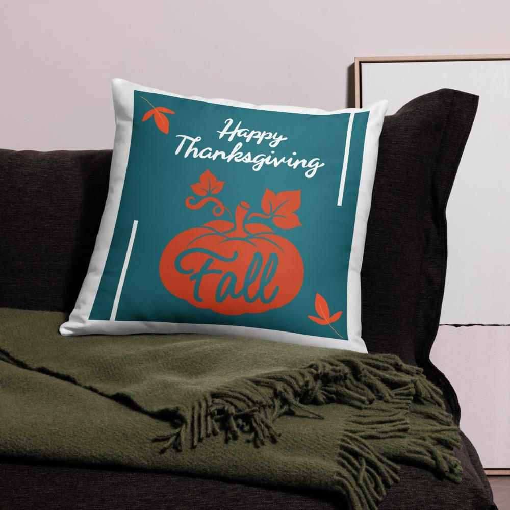 Happy Thanksgiving & Fall Throw Pillow – Teal, Orange & White | 22×22 Inches