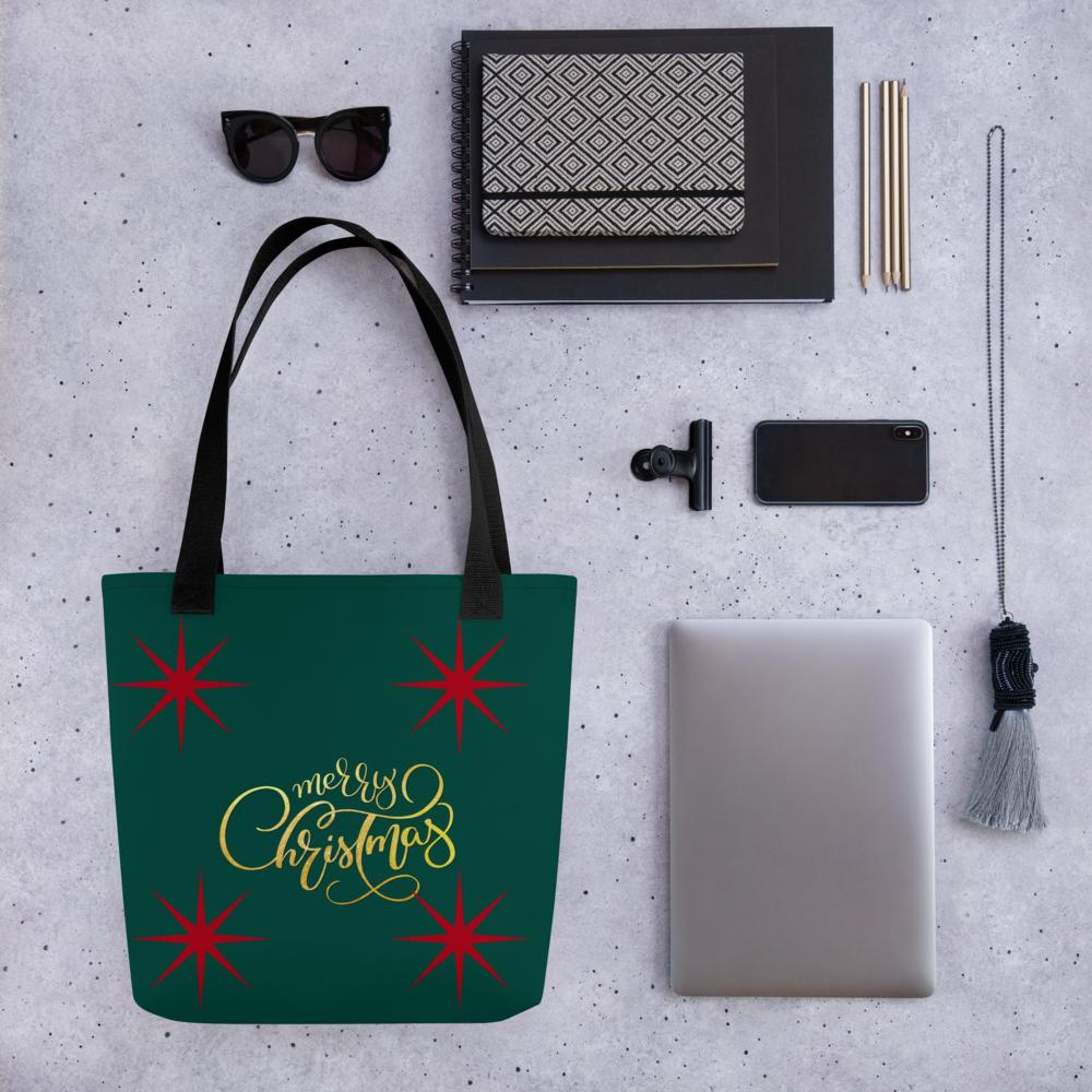 Green “Merry Christmas” Tote Bag with Red Stars – 15”x15” Holiday Carryall