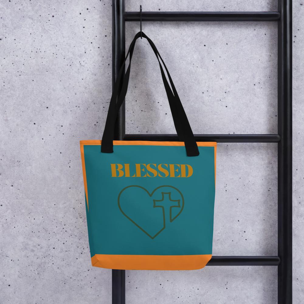 Green & Orange “Blazed with Love” Tote Bag with Cross – 15”x15” Thanksgiving & Everyday Carryall