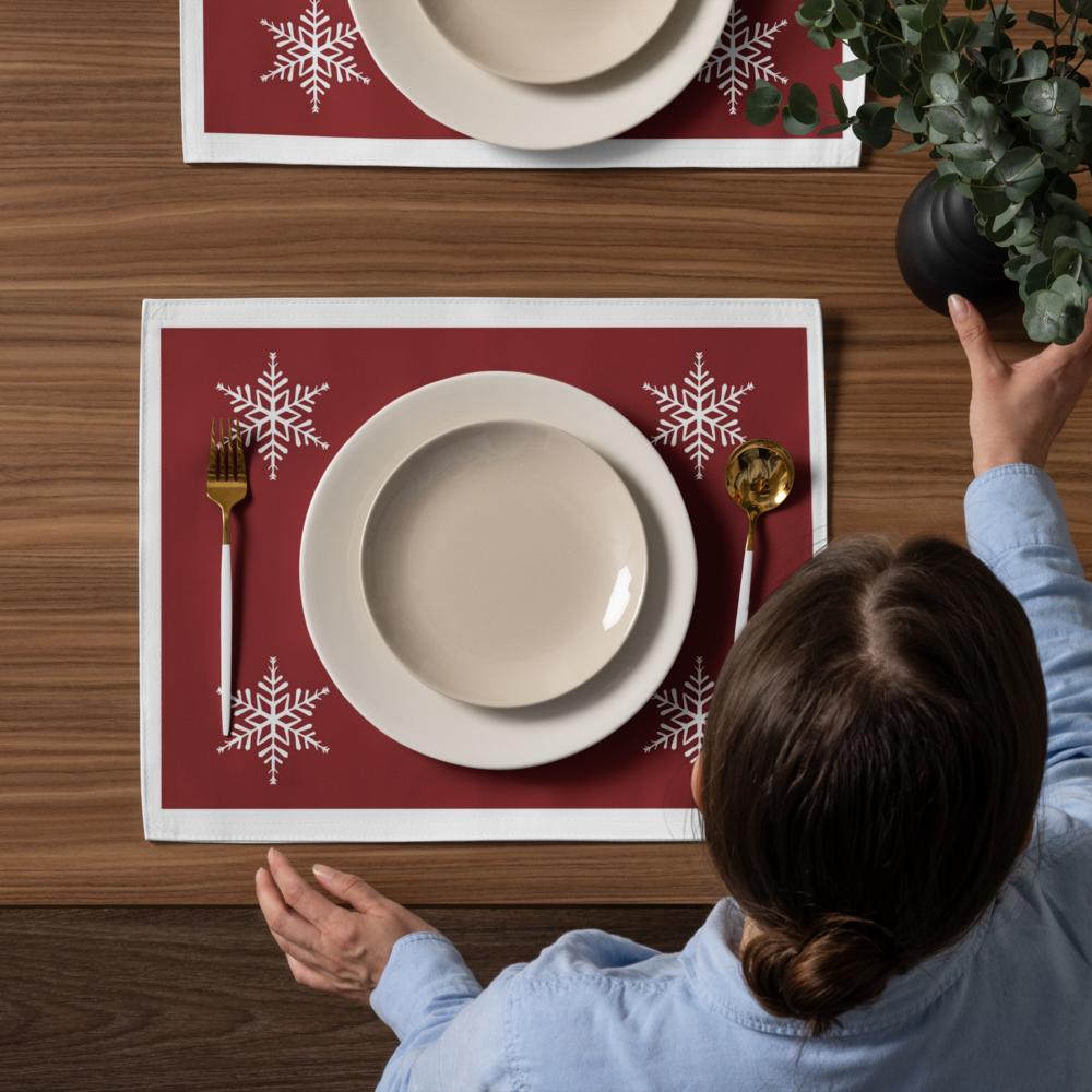 Red Christmas Placemat Set – 4-Pack 18x14 Holiday Table Placemats with White Accents