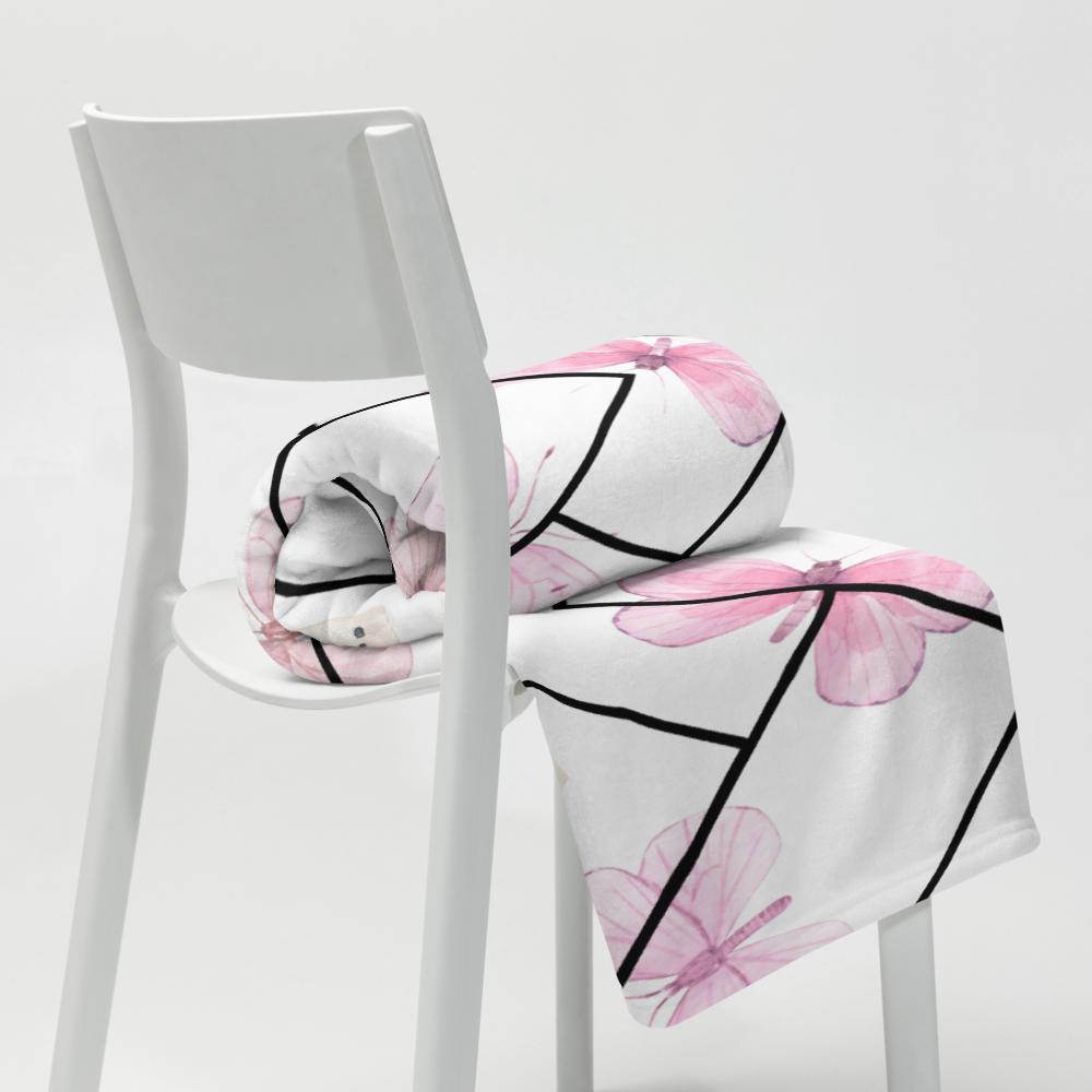Pink Butterfly Zigzag Throw Blanket – 50x60” Soft White Fleece with Delicate Modern Design