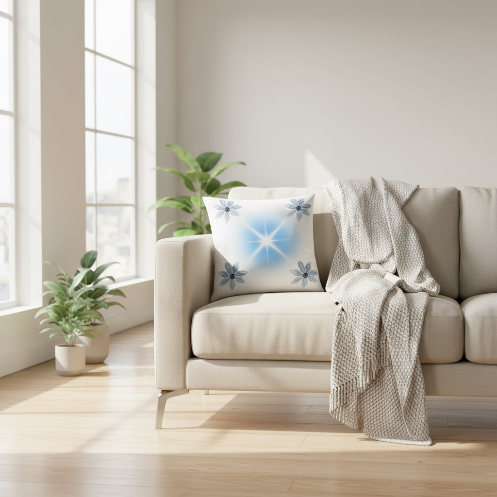 White Throw Pillow with Blue Accents – Elegant 18x18 Decorative Cushion for Sofa or Bedroom”