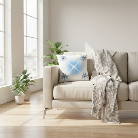 White Throw Pillow with Blue Accents – Elegant 18x18 Decorative Cushion for Sofa or Bedroom”