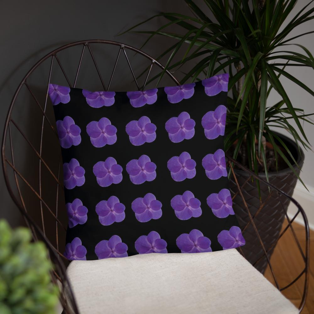Black Throw Pillow with Lined Purple Flowers – 18x18” | Modern Minimal Floral Pattern
