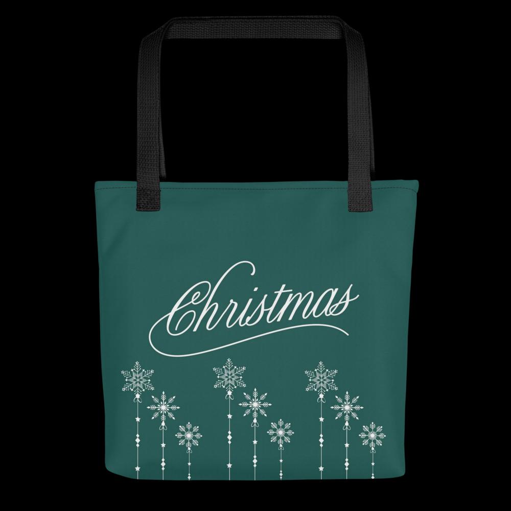 Green “Christmas” Tote Bag with White Holiday Elements – 15”x15” Festive Carryall