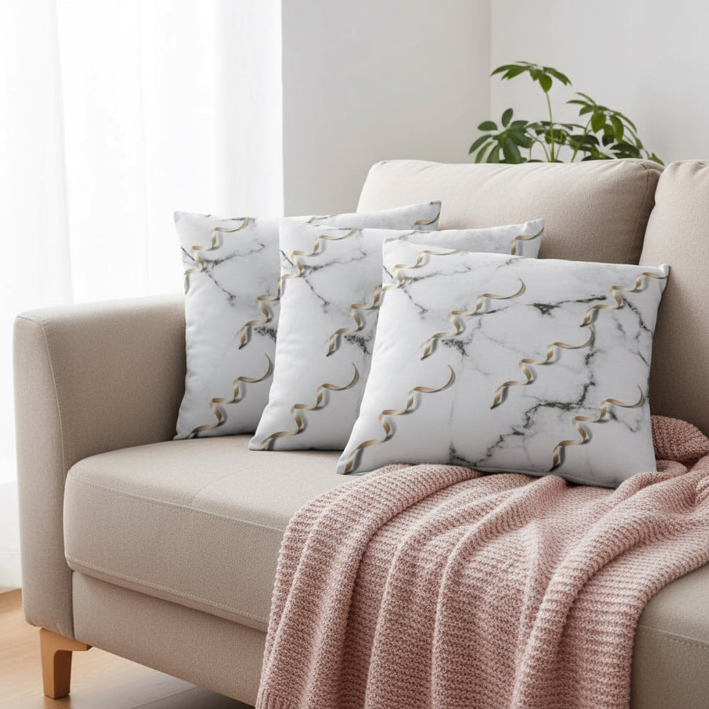 White Throw Pillow with Gold Jelly Elements & Black Pattern – 18x18” | Luxe Artistic Texture