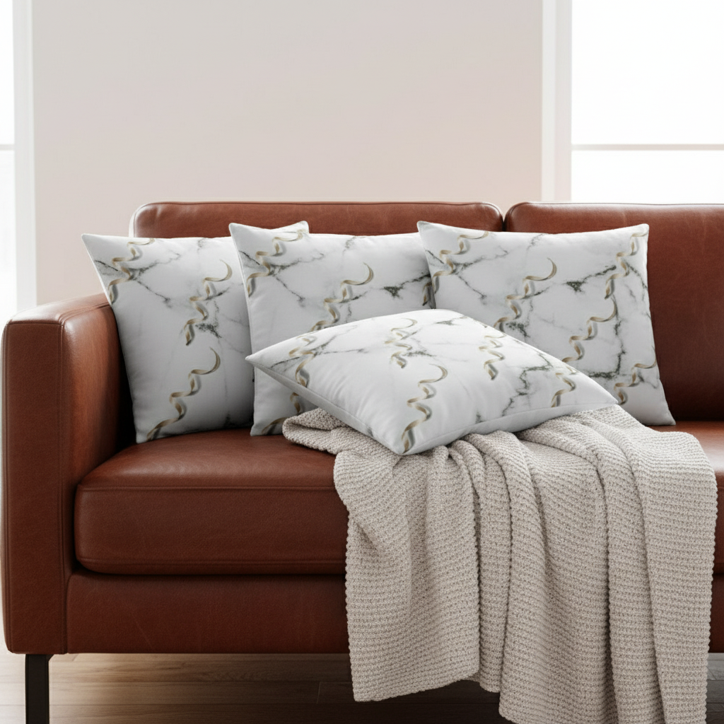 White Throw Pillow with Gold Jelly Elements & Black Pattern – 18x18” | Luxe Artistic Texture