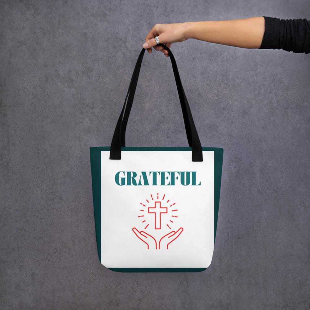 Green & White “Grateful” Tote Bag with Cross – 15”x15” Thanksgiving & Everyday Carryall