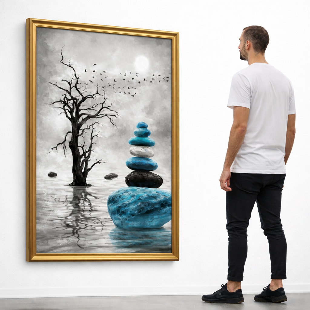 – Minimalist Nature Wall Art Set of 3 | Blue Tree & Stacked Stones Printable