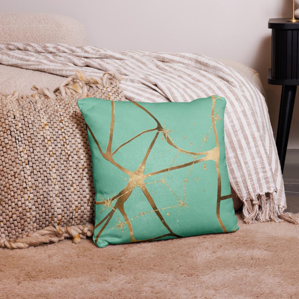 Green Throw Pillow with Gold Patterns – 18x18” | Elegant Luxe Accent Cushion