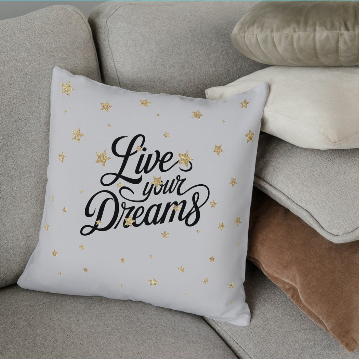 Live Your Dreams Throw Pillow – Inspirational Quote with Gold Stars (18x18”)