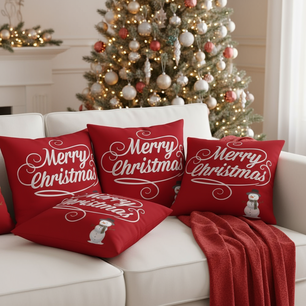 Red Merry Christmas Throw Pillow – White Snowman Design – 18×18 & 22×22 in