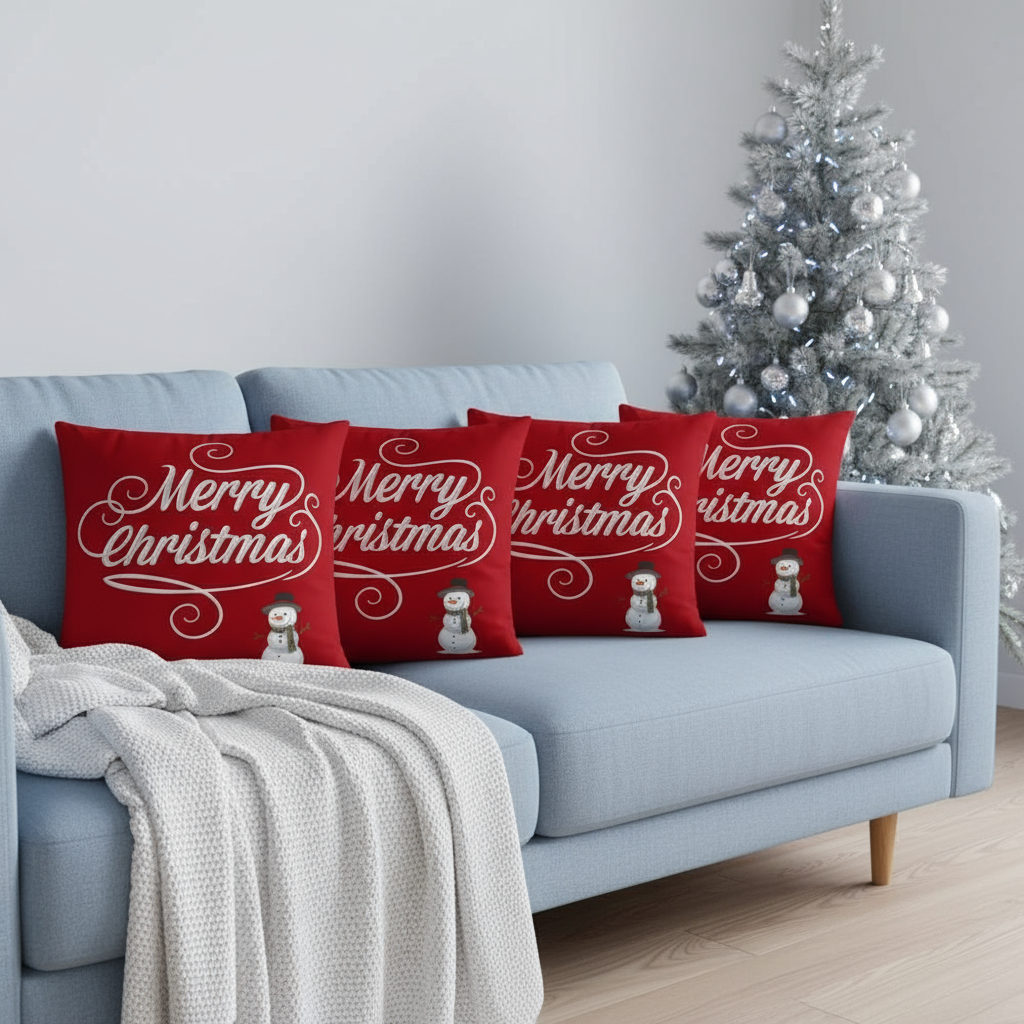 Red Merry Christmas Throw Pillow – White Snowman Design – 18×18 & 22×22 in