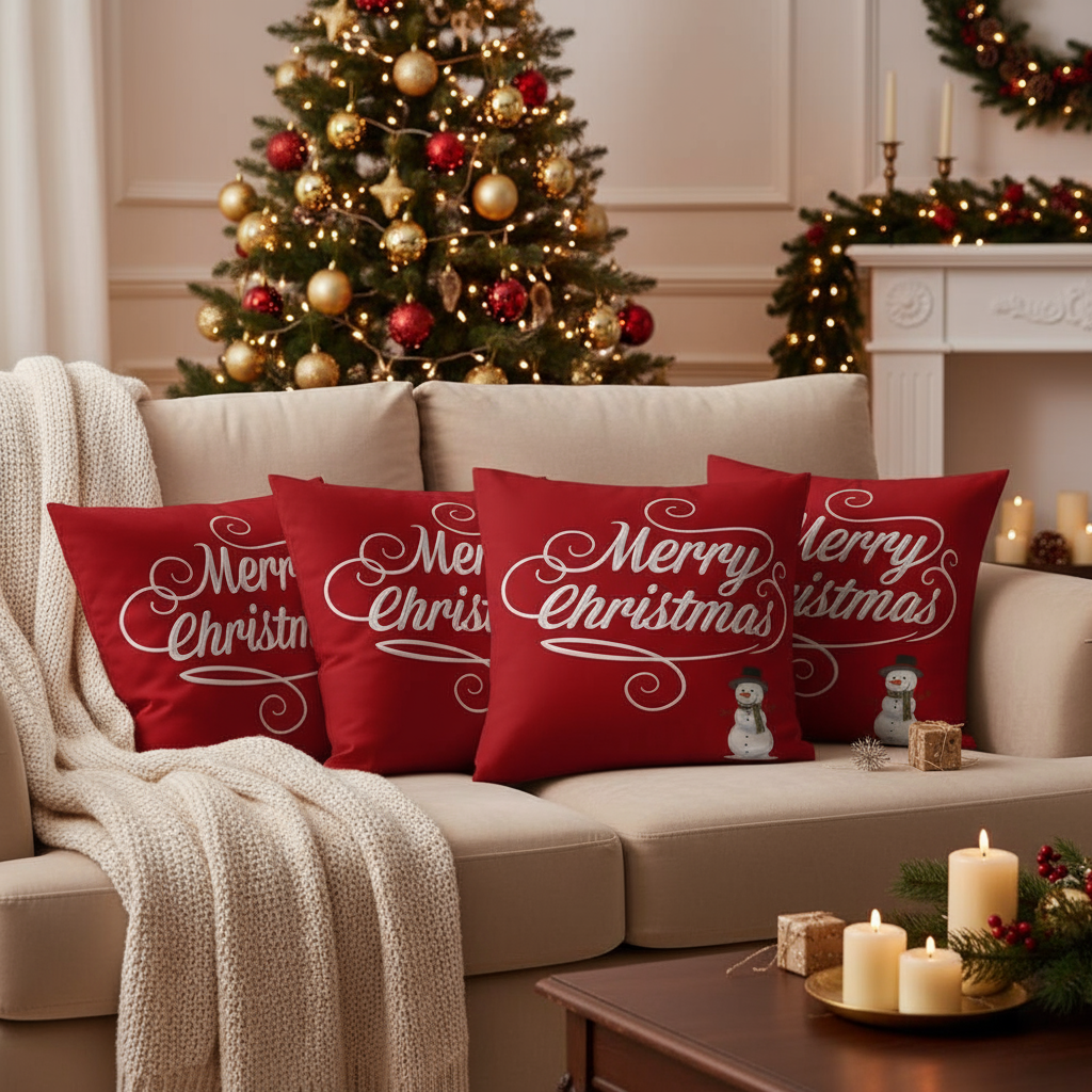 Red Merry Christmas Throw Pillow – White Snowman Design – 18×18 & 22×22 in