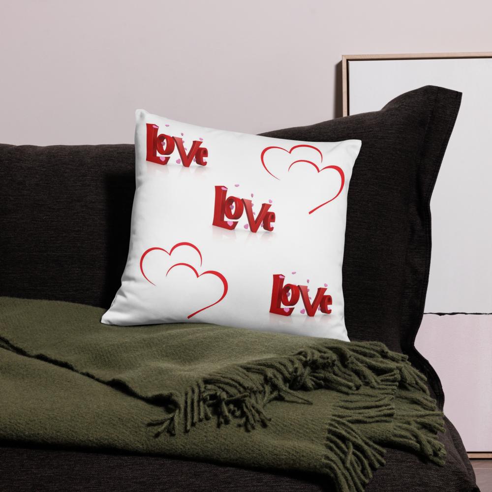 Red & White “Love” Heart Pillow – Romantic Typography Decor – 18x18 Inch