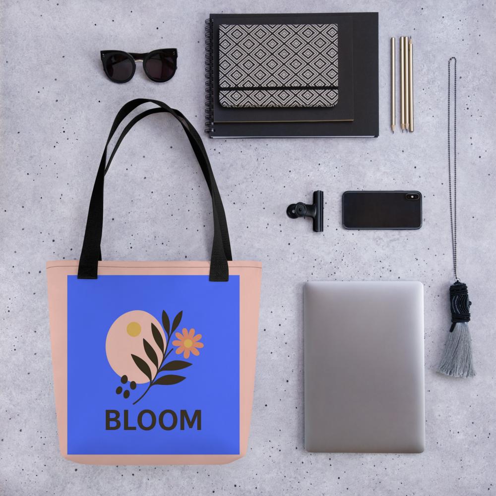Navy Blue & Peach “Bloom” Boho Flower Tote Bag – 15”x15” Stylish Everyday Carryall
i