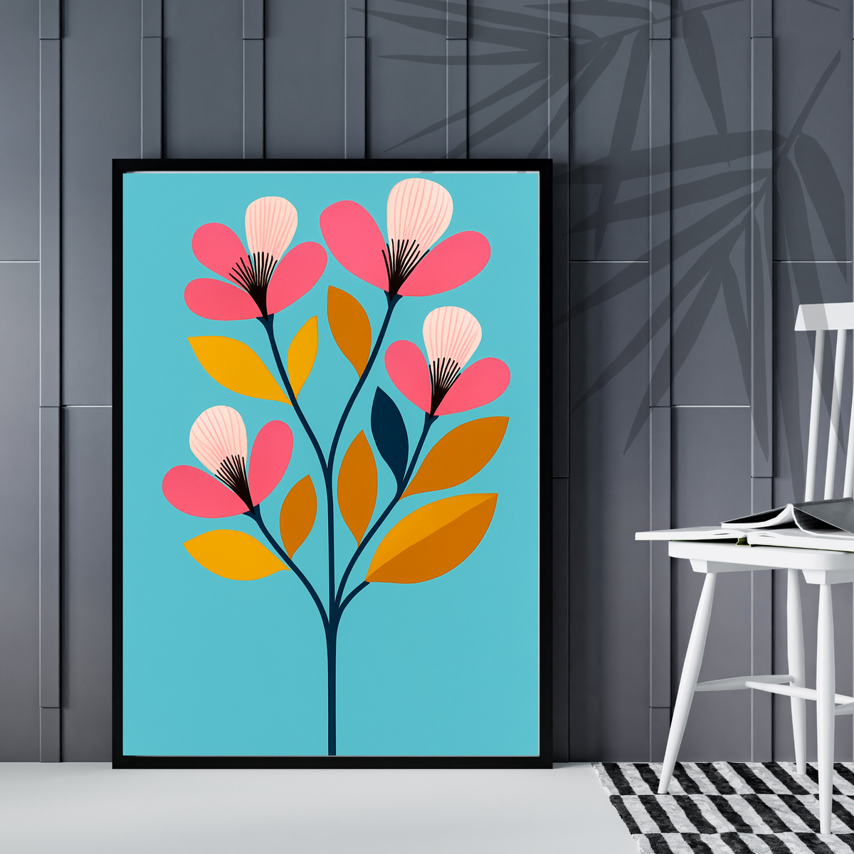 Elegant Botanical Wall Art – Yellow & Pink Floral Print on Blue Background (Digital Download)