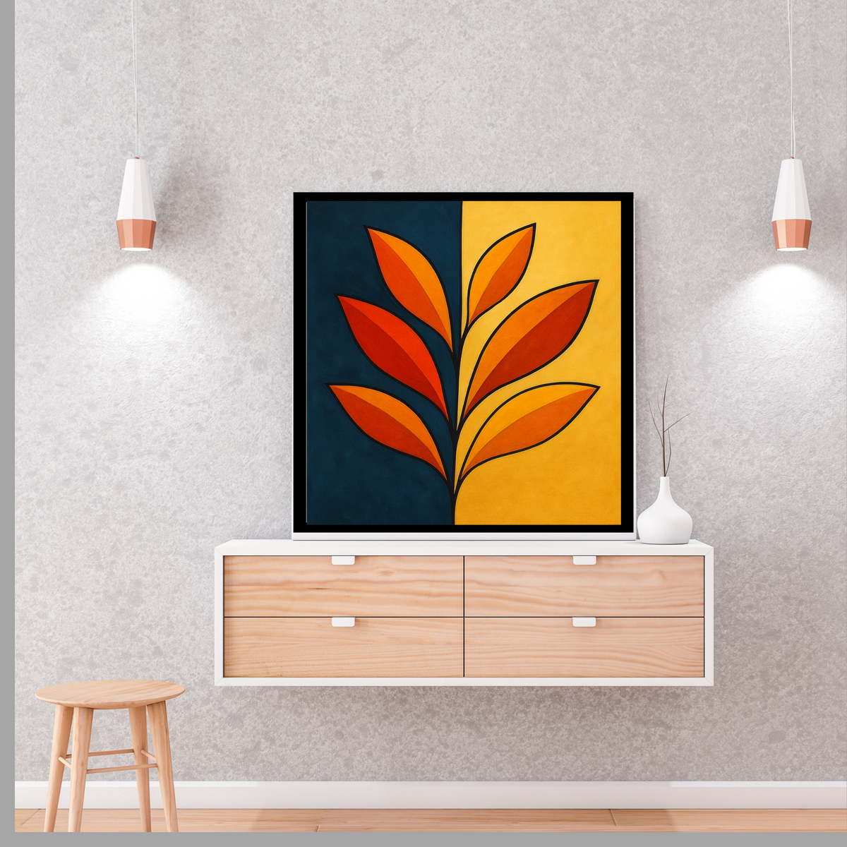 Orange Botanical Flower Wall Art – Dark Blue & Yellow Square Abstract Print | Digital Download (20x20, 24x24, 36x36)