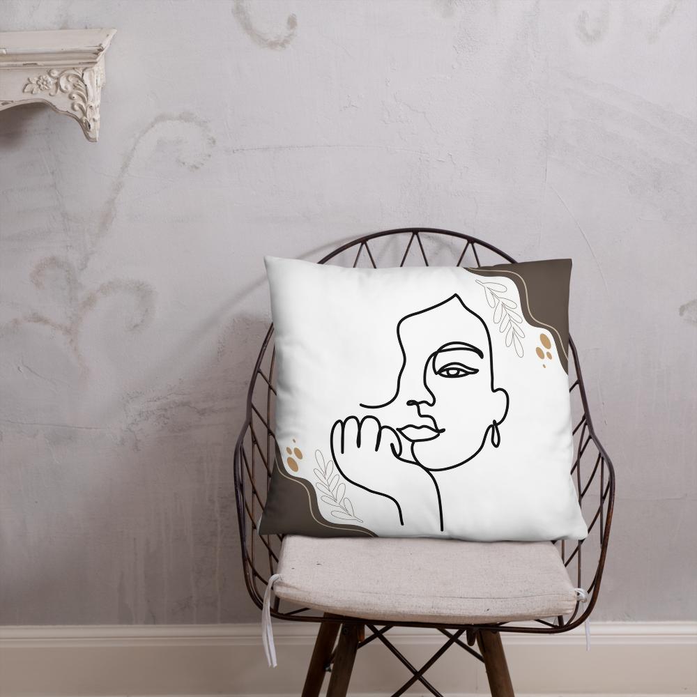 White Throw Pillow with Brown Boho Designs & Minimalist Woman Face Line Art – 22x22”