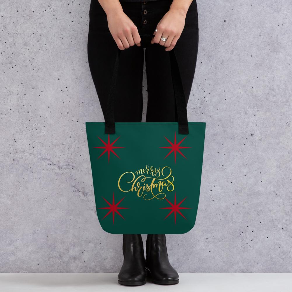 Green “Merry Christmas” Tote Bag with Red Stars – 15”x15” Holiday Carryall