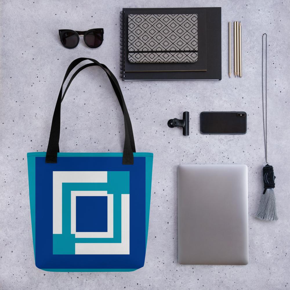 Royal Blue & White Abstract Squares Tote Bag – 15”x15” Modern Geometric Carryall