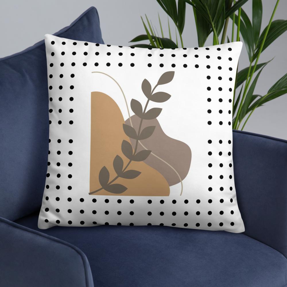 Boho Chic Throw Pillow – 22x22” | Brown Abstract Shapes & Leaf on White