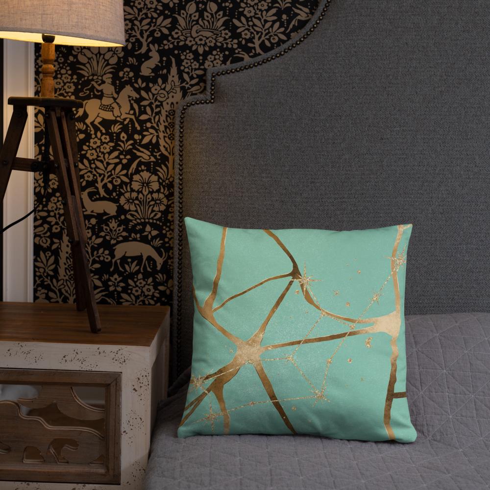 Green Throw Pillow with Gold Patterns – 18x18” | Elegant Luxe Accent Cushion