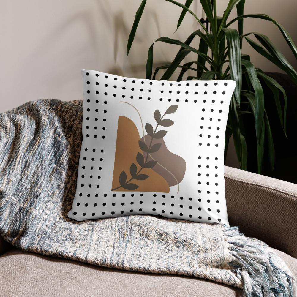Boho Chic Throw Pillow – 22x22” | Brown Abstract Shapes & Leaf on White